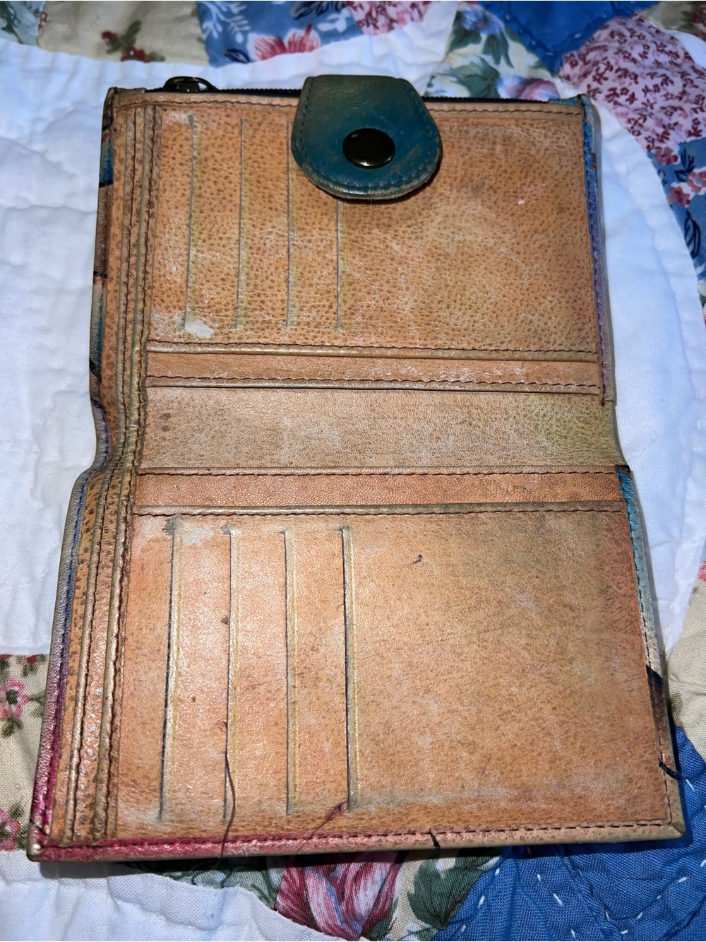 Anuschka Vintage Hand Painted Genuine Leather Trifold Wallet Boho Peacock Art - Picture 4 of 9